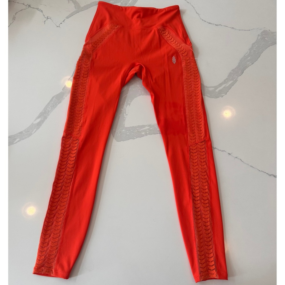 Free People FP Movement Red Orange Mesh Chevron Embroidered Leggings XS
